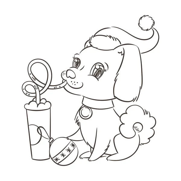 Золотий собака п'є каву або молочний струс. Ручна намальована ілюстрація до новорічної футболки, плаката, листівки — стоковий вектор
