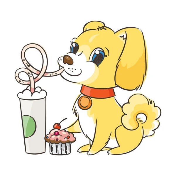 Cão dourado bebe café ou batido de leite. Ilustração desenhada à mão para camiseta de Ano Novo, cartaz, cartão postal — Vetor de Stock