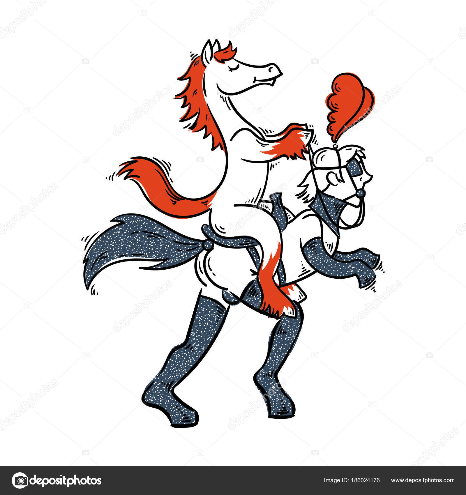 Игровая иллюстрация в стиле bdsm. Мужчина в костюме латексного пони с лошадью в седле . Векторное изображение ©Drekhann 186024176