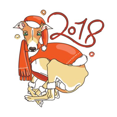 Sarı köpek için yeni yıl 2018, burç şirin sembolü. Sevimli ve güzel İtalyan tazı için tatil. Çizgi film doodle tarzı şirin köpek yavrusu.