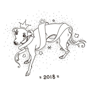 Sarı köpek için yeni yıl 2018, burç şirin sembolü. Sevimli ve güzel İtalyan tazı için tatil. Çizgi film doodle tarzı şirin köpek yavrusu.