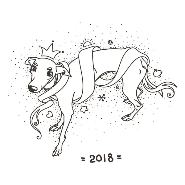 Sarı köpek için yeni yıl 2018, burç şirin sembolü. Sevimli ve güzel İtalyan tazı için tatil. Çizgi film doodle tarzı şirin köpek yavrusu.