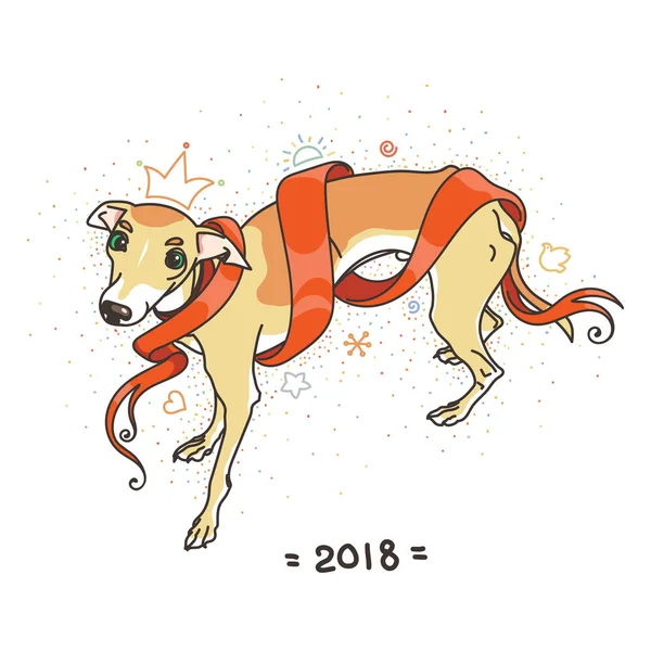 새 해 2018, 별자리의 귀여운 상징에 대 한 노란색 개. 휴일에 대 한 귀 엽 고 예쁜 이탈리아 그레이하운드입니다. 만화 낙서 스타일에 귀여운 강아지. — 스톡 벡터