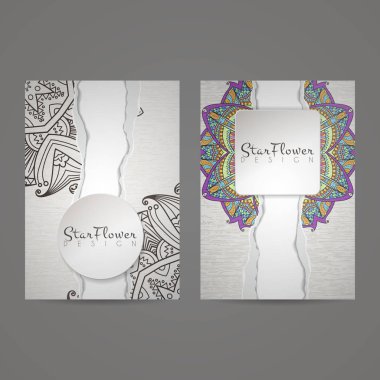 Mandala sembollerle tasarım koleksiyonu. Daire süsleme ile kartvizit kümesi.