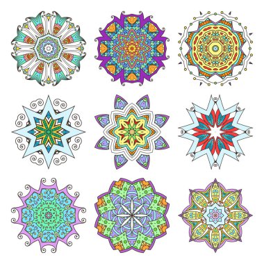 Mandala ayarlayın. Dekoratif arka plan. Islam, Arapça, oryantal, Hint, Osmanlı, yoga motifleri