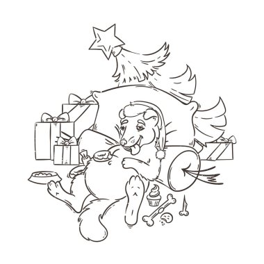 Sarı köpek için yeni yıl 2018, burç şirin sembolü. Çizgi film doodle tarzı şirin köpek yavrusu.