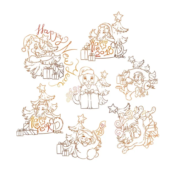 Conjunto de cão amarelo para o Ano Novo 2018, símbolo bonito do horóscopo. Bonitos fantoches em estilo doodle desenhos animados . — Vetor de Stock