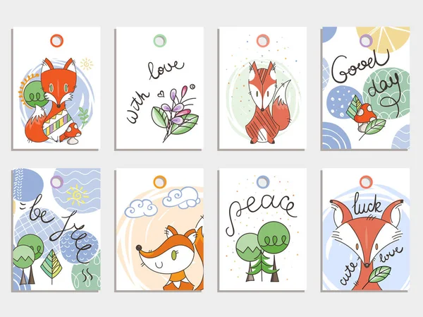 Diseños sencillos en estilo escandinavo, colección de tarjetas con zorros — Vector de stock
