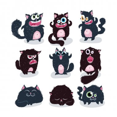 Şirin doodle canavar kediler. Vektör öğeleri koleksiyonu
