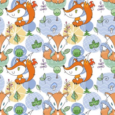 Doodle tilki ve woods ile Seamless modeli. Sevimli İskandinav hayvanlar ile vahşi arka plan