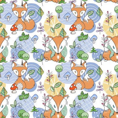 Doodle tilki ve woods ile Seamless modeli. Sevimli İskandinav hayvanlar ile vahşi arka plan