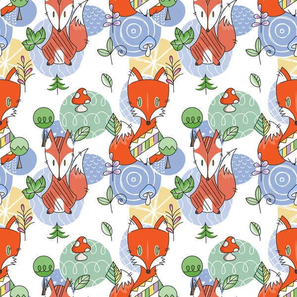 Seamless pattern with doodle foxes and woods. Wild background with cute scandinavian animals — Stock Vector