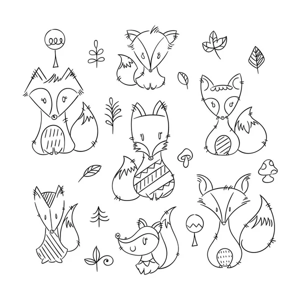 Набір милих каракулеподібних лисиць в простому плоскому стилі — стоковий вектор