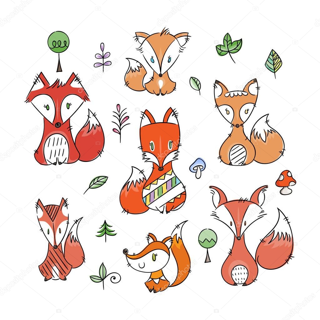 Set of cute doodle foxes in simple flat style