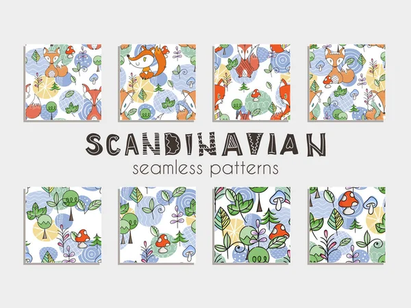 Conjunto de patrones sin costuras en estilo escandinavo con lindos zorros, árboles y hojas — Archivo Imágenes Vectoriales