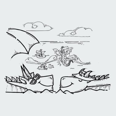 Ejderhalar sıcak güneşin altındaki sıcak kumun üzerindeki kumsalda dinleniyorlar. Peri masalı sevimli canavar.