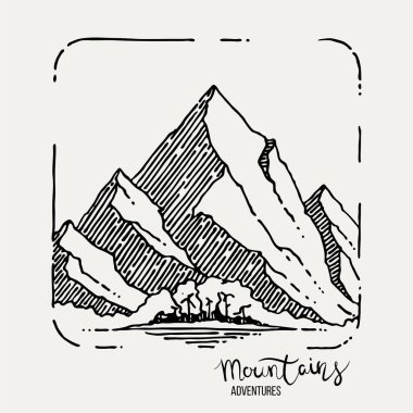 Dağ Maceraları. Vektör grunge el çizimi manzara