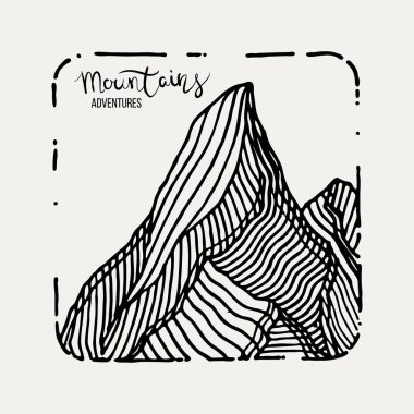 Dağ Maceraları. Vektör grunge el çizimi manzara