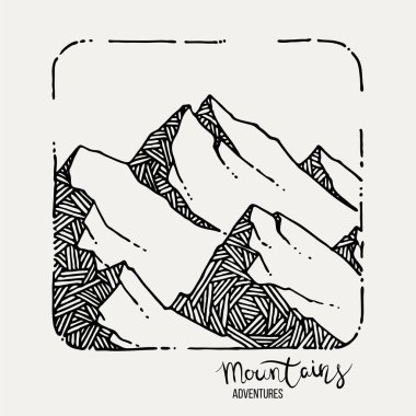 Dağ Maceraları. Vektör grunge el çizimi manzara