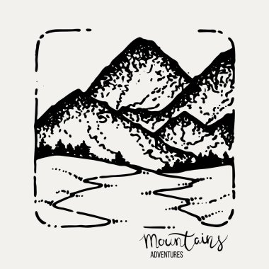Dağ Maceraları. Vektör grunge el çizimi manzara