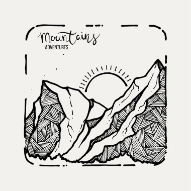 Dağ Maceraları. Vektör grunge el çizimi manzara