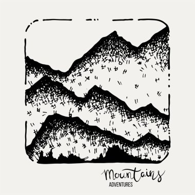 Dağ Maceraları. Vektör grunge el çizimi manzara