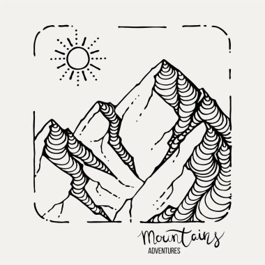 Dağ Maceraları. Vektör grunge el çizimi manzara