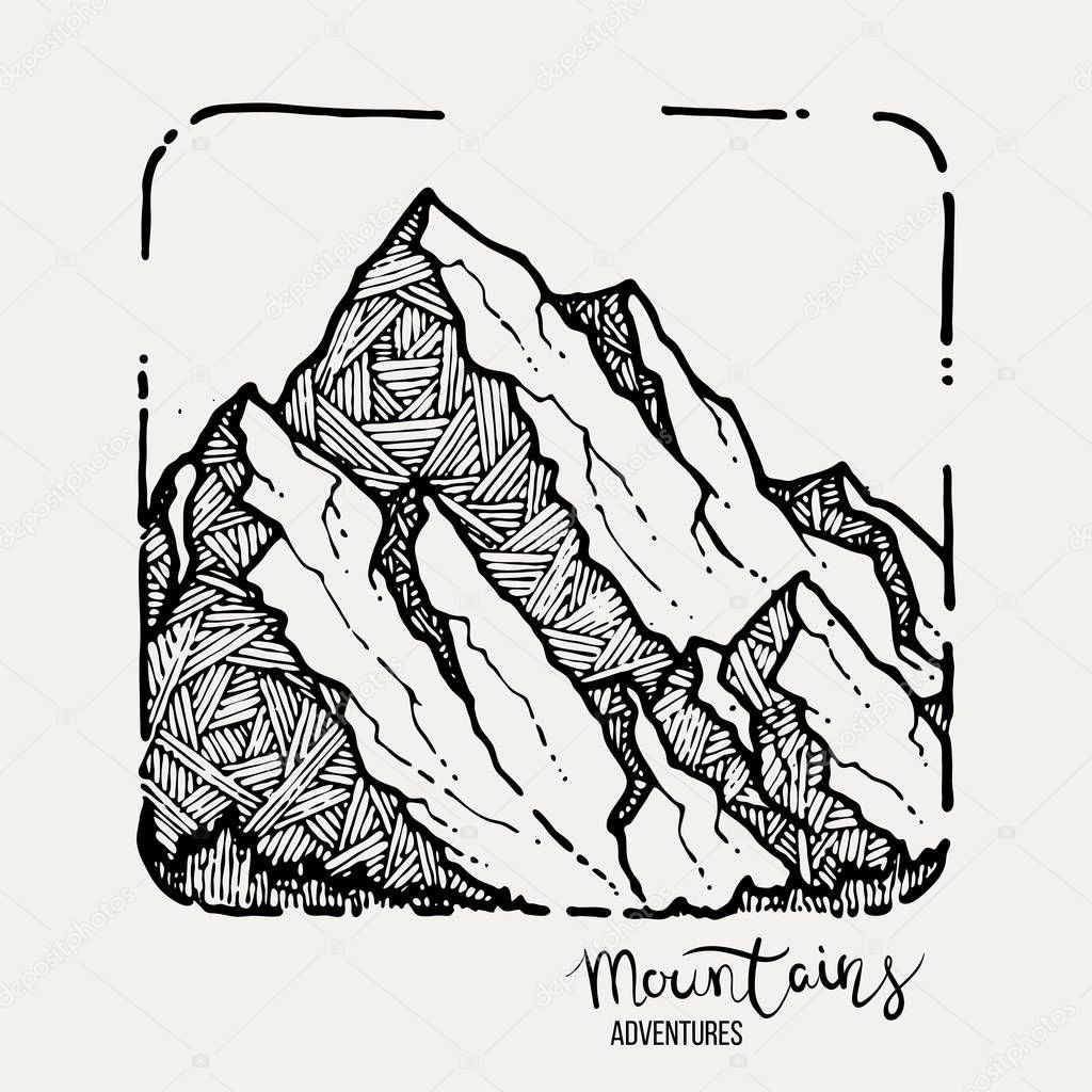 Mountain Adventures. Vector grunge hand drawn landscape. Sketch lined illustration
