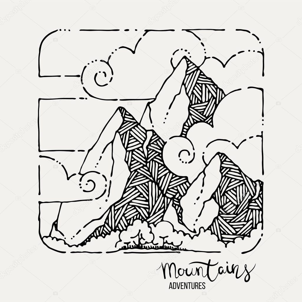Mountain Adventures. Vector grunge hand drawn landscape. Sketch lined illustration