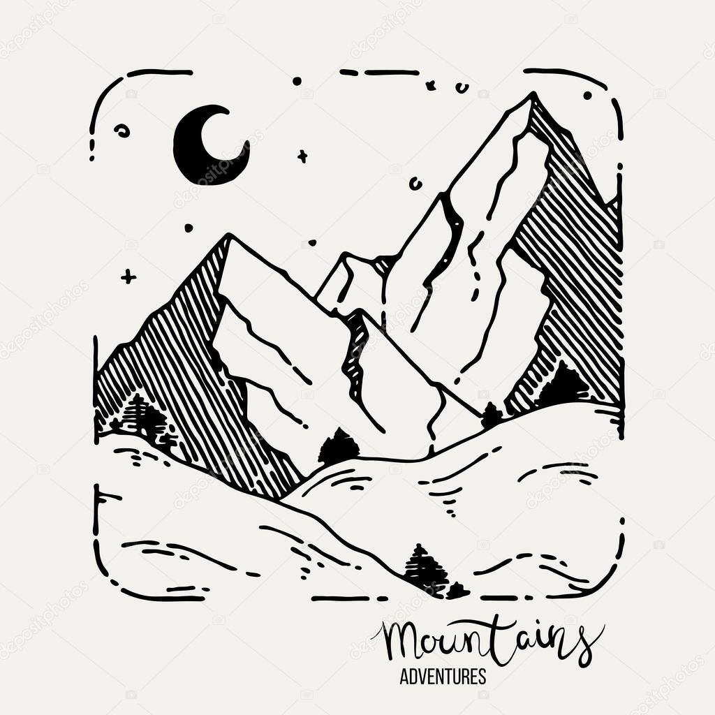 Mountain Adventures. Vector grunge hand drawn landscape. Sketch lined illustration
