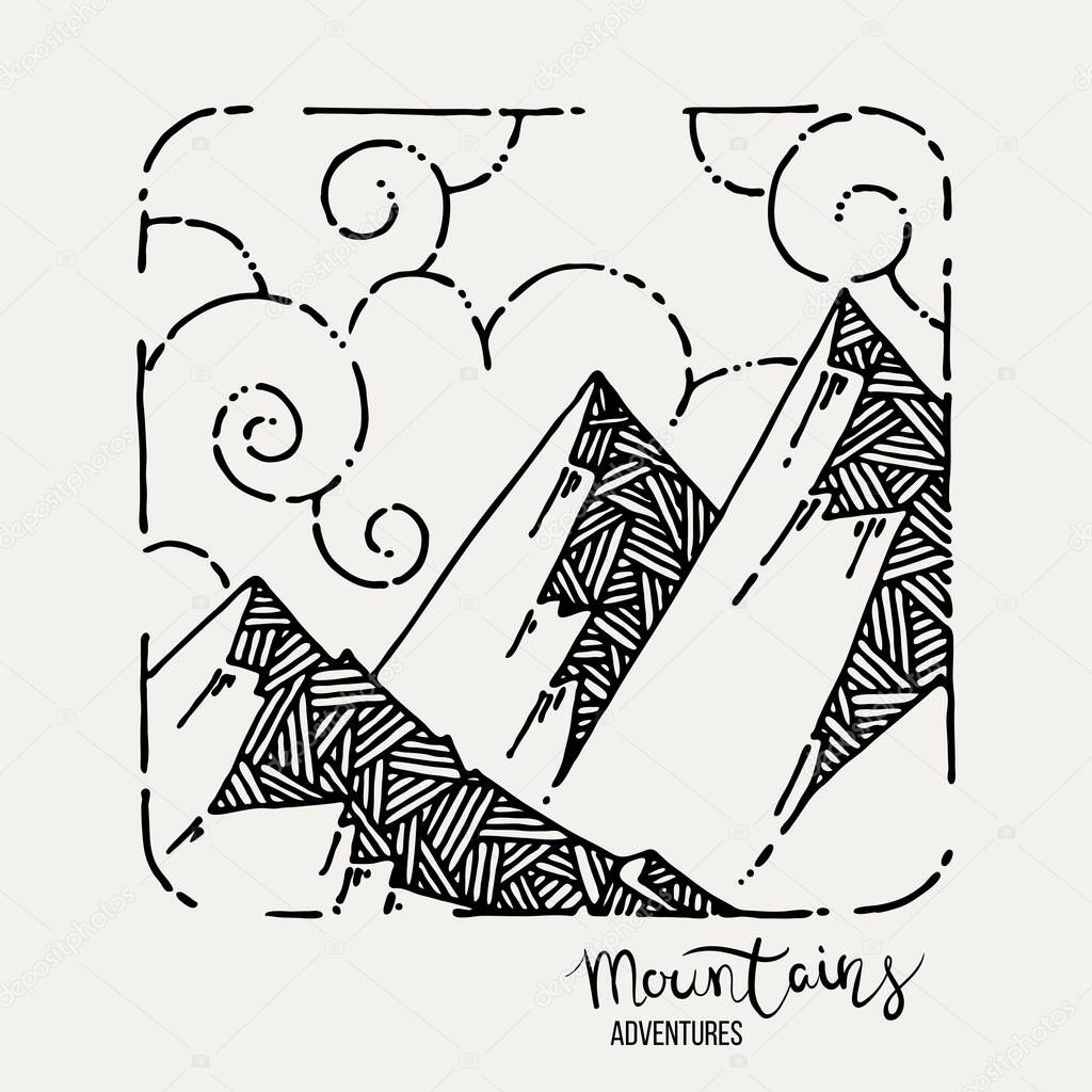 Mountain Adventures. Vector grunge hand drawn landscape. Sketch lined illustration