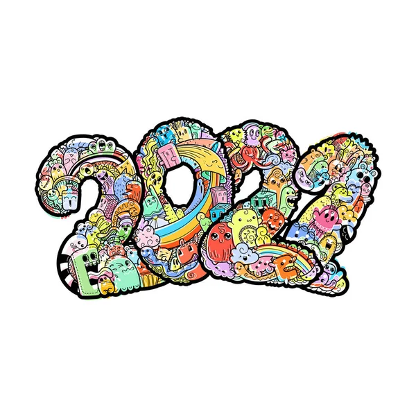 Ano Novo 2021. Encontro de doodles de monstros. Símbolo de férias ornamentado . — Vetor de Stock