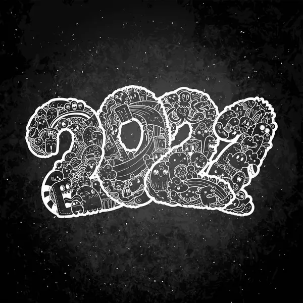 2021年新年。 怪物涂鸦日期。 华丽的假日标志. — 图库矢量图片