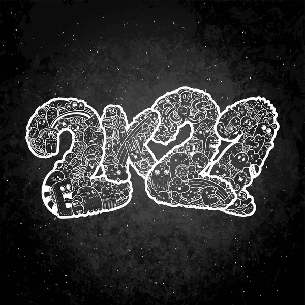 新年2K21 モンスター ドールのデート休日の象徴 ブラックボード上のプリントとデザインのためのベクトルイラスト — ストックベクタ