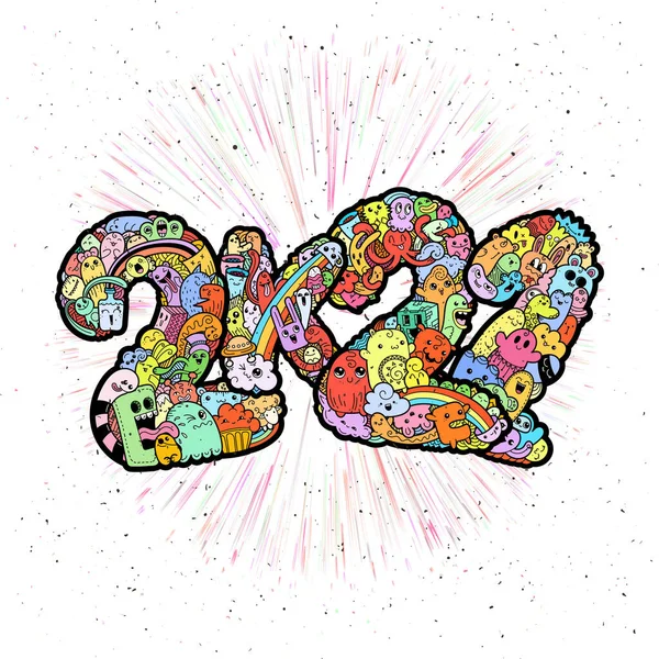 New Year 2K21 Monster Doodle Date Ornate Holiday Symbol Vector — 스톡 벡터