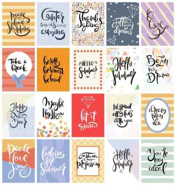 El çizimi bir kart seti. Vektör çizimi. Broşür, broşür ve şablon koleksiyonu. Harfli, desenli ve süslemeli İskandinav kartları tasarımı.