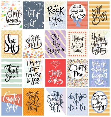 El çizimi bir kart seti. Vektör çizimi. Broşür, broşür ve şablon koleksiyonu. Harfli, desenli ve süslemeli İskandinav kartları tasarımı.