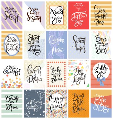 El çizimi bir kart seti. Vektör çizimi. Broşür, broşür ve şablon koleksiyonu. Harfli, desenli ve süslemeli İskandinav kartları tasarımı.