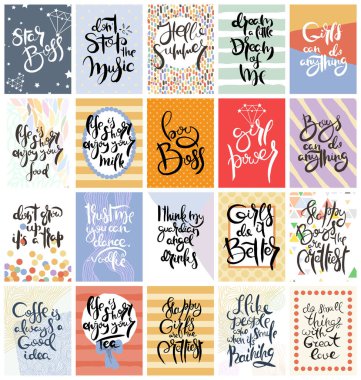 El çizimi bir kart seti. Vektör çizimi. Broşür, broşür ve şablon koleksiyonu. Harfli, desenli ve süslemeli İskandinav kartları tasarımı.