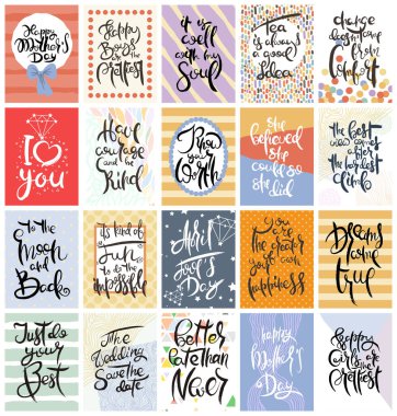 El çizimi bir kart seti. Vektör çizimi. Broşür, broşür ve şablon koleksiyonu. Harfli, desenli ve süslemeli İskandinav kartları tasarımı.