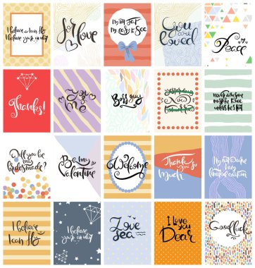 El çizimi bir kart seti. Vektör çizimi. Broşür, broşür ve şablon koleksiyonu. Harfli, desenli ve süslemeli İskandinav kartları tasarımı.