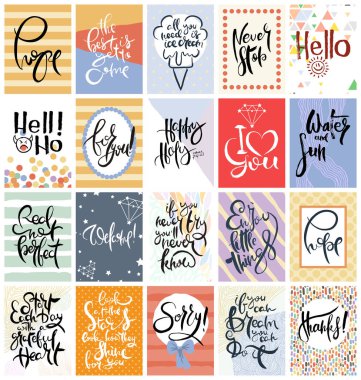 El çizimi bir kart seti. Vektör çizimi. Broşür, broşür ve şablon koleksiyonu. Harfli, desenli ve süslemeli İskandinav kartları tasarımı.