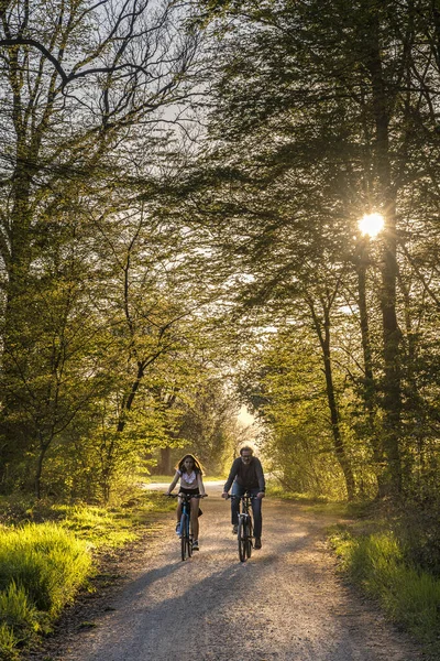 Caucasian Man Girl Biking Forest Sunny Spring Afternoon — Stock Photo, Image