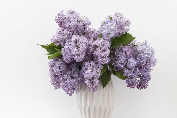 Weiße Vase Mit Violettem Flieder Auf Weißem Hintergrund Isoliert Kopierraum — Stockfoto