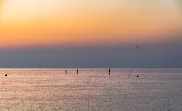 美しい黄金の夕日の光の中で海の4つのスタンドアップパドルのシルエット — ストック写真