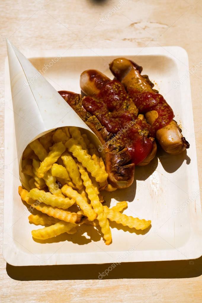 Currywurst and pommes on composable dishes