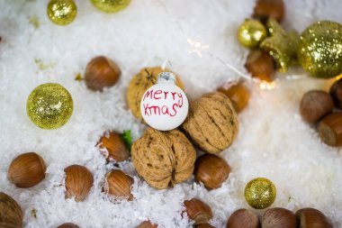 Ceviz, fındık ve mandalina karda bir arka plan olarak