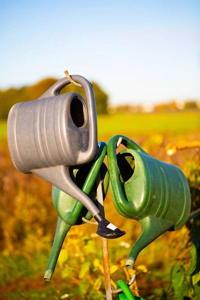 Gießkannen im Garten, hängende Gießkannen — Stockfoto