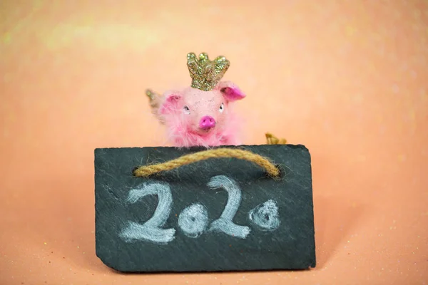 Lucky pig with 2020, pink background — Stock Photo, Image