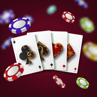 Kırmızı arka planda poker sembolleri ve poker kartları olan bir kumarhane temalı vektör illüstrasyonu. Vektör illüstrasyonu